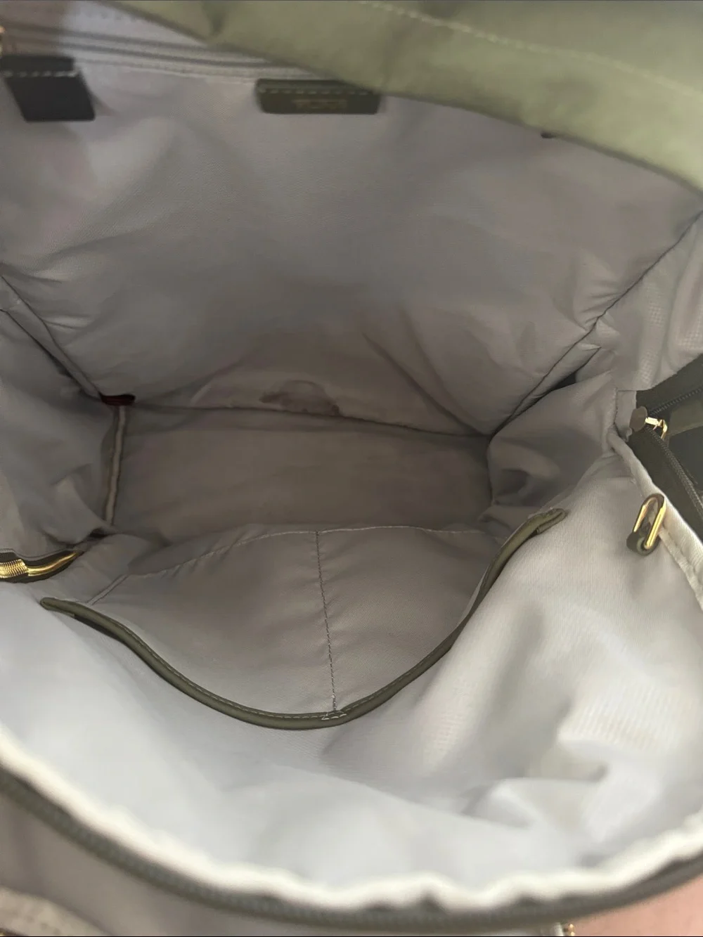Tumi Olive Green Nylon Backpack with Gold Hardware